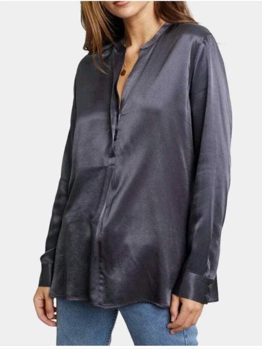 Rails Reiss Satin Popover Top Half Button Long Sleeve Pearl Slate Black XS